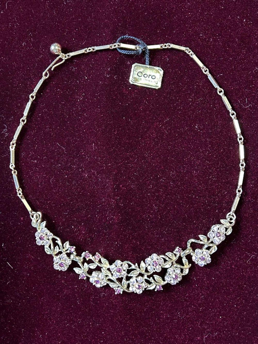 Vintage Coro Floral Rhinestone Necklace with foil tag